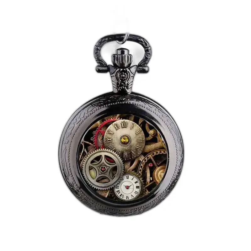Montre Collier Steampunk Argent Vintage avec une montre de poche steampunk noire