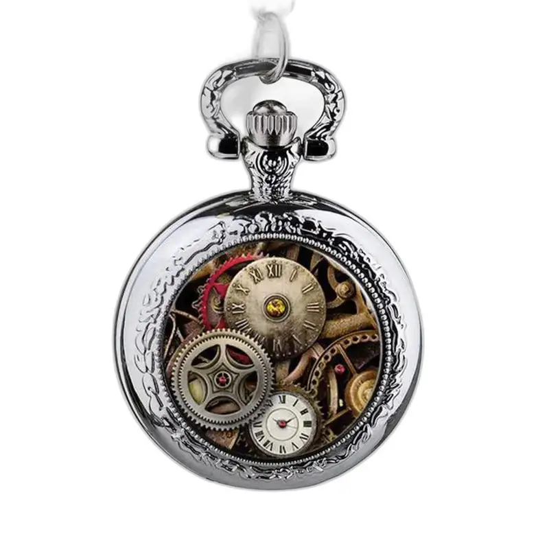 Montre Collier Steampunk Argent Vintage avec une montre pocket mécanique en argent