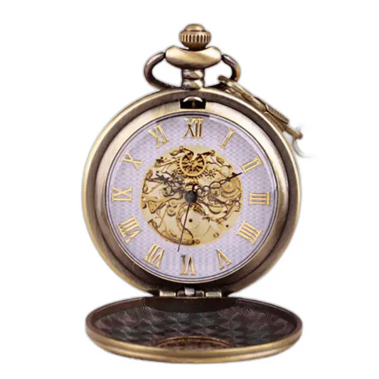 Montre Collier Vintage en or antique avec chiffres romains et mécanisme visible