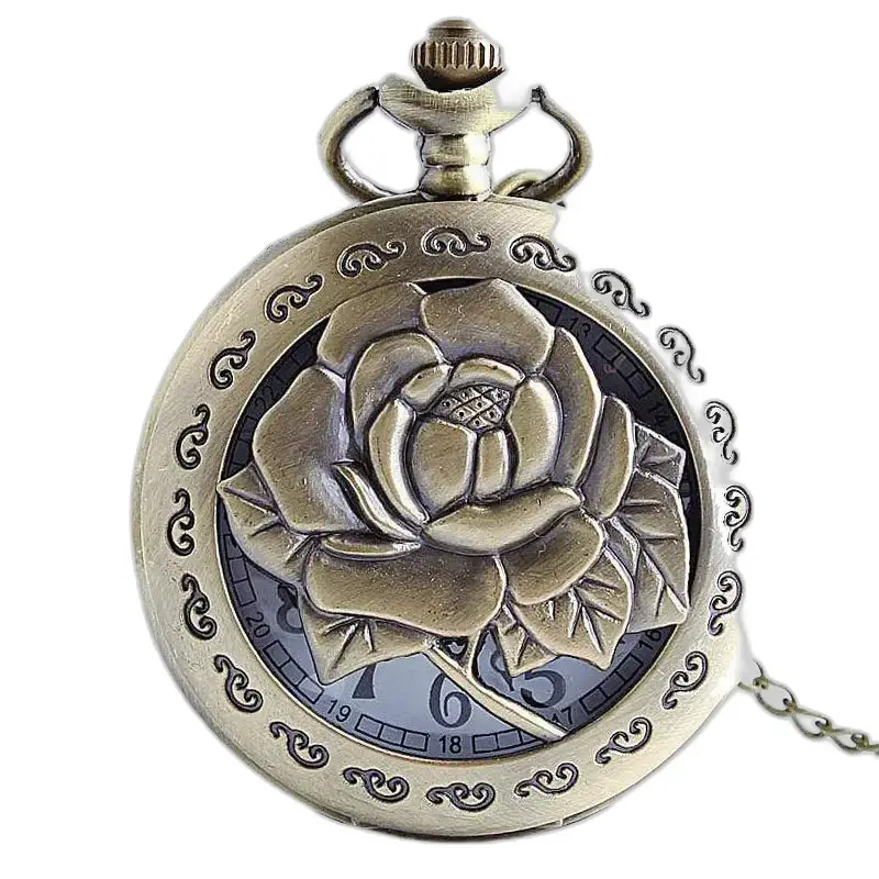 Montre Collier Vintage Bronze Fleur Rose avec un design de rose en bronze élégant