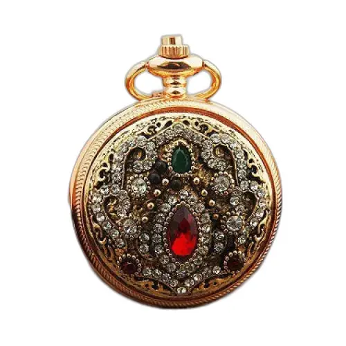 Montre Collier Vintage Chic Pendentif Or avec une montre de poche en or ornée