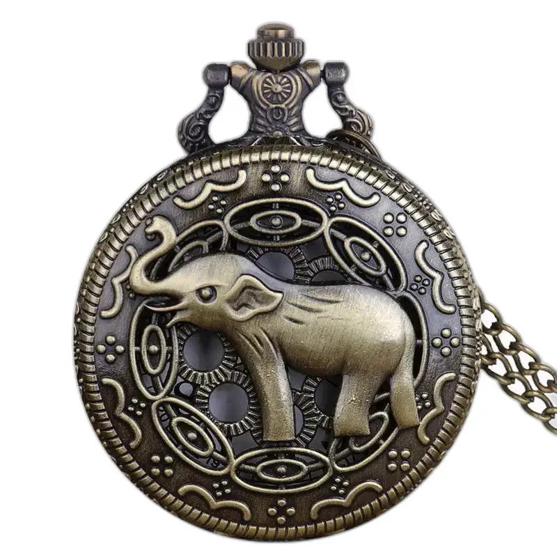 Montre Collier Vintage éléphant avec cadran blanc et finition en bronze