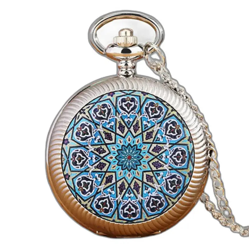 Montre-collier Vintage Fleur Vertes en Bronze avec affichage analogique et motif argenté