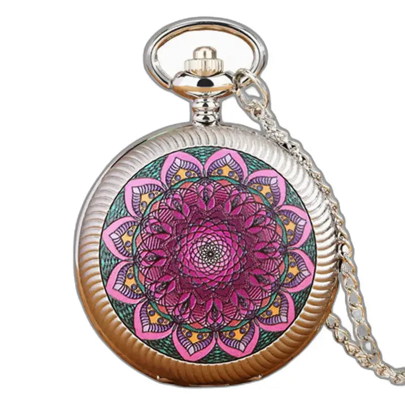 Montre-collier à fleur avec design mandala et affichage analogique en argent