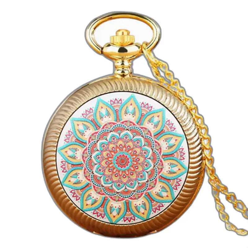 Montre-collier Vintage Fleur Vertes en Bronze avec montre en or et design mandala