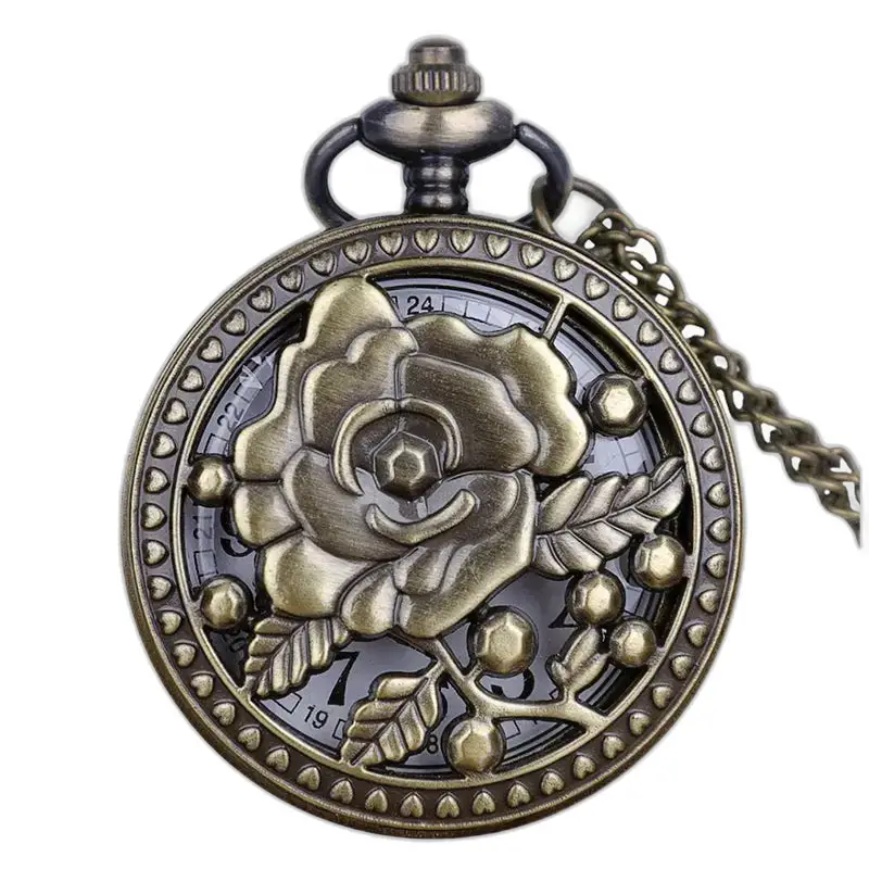 Montre Collier Vintage Rose Flower Bronze avec une rose en bronze