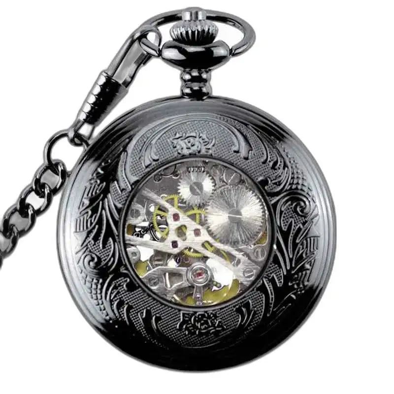 Montre de Poche à Gousset Steampunk Chrome avec un design noir orné élégant