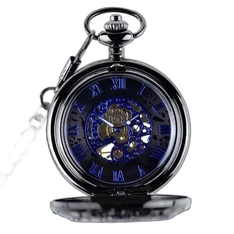 Montre de Poche à Gousset Steampunk Chrome avec un cadran noir et chiffres romains bleus