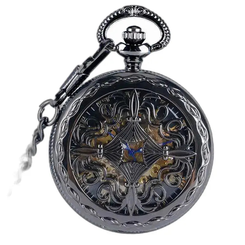 Montre de Poche à Gousset Steampunk Rhodium avec un design élégant et orné en noir