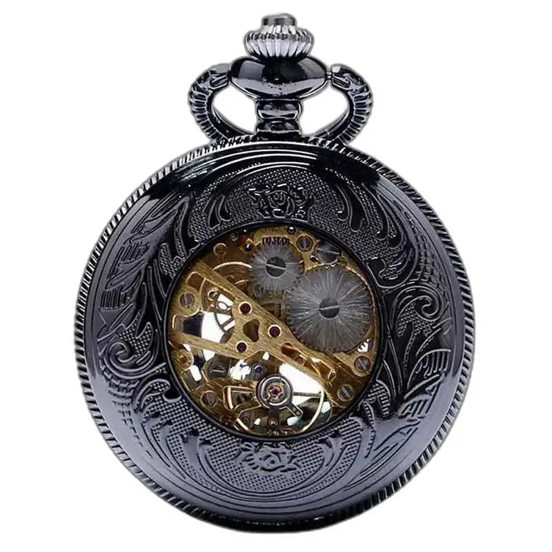 Montre de Poche à Gousset Steampunk Titane avec mécaniques visibles en noir ornées