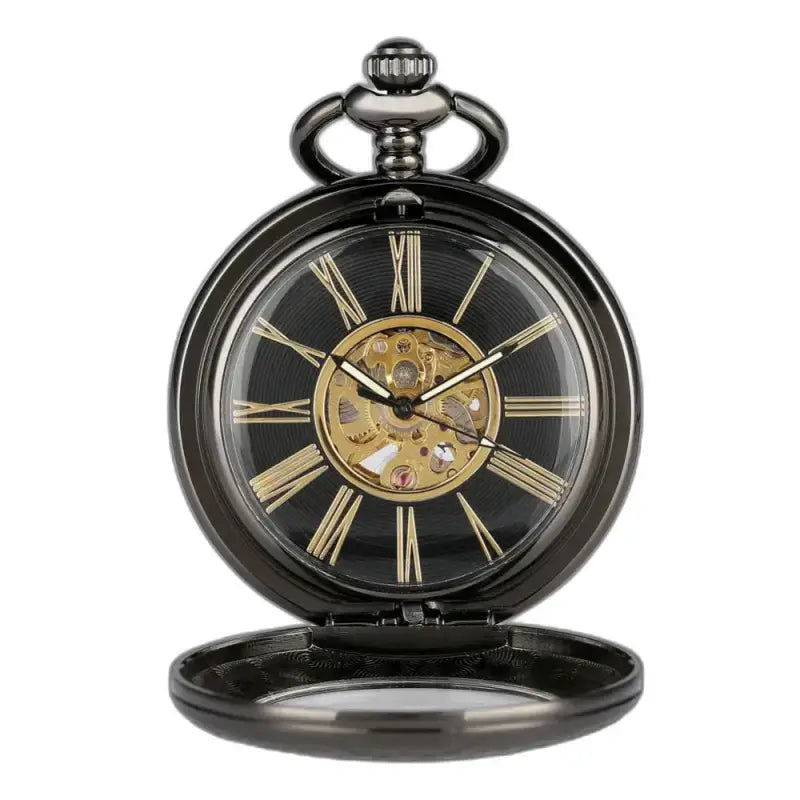 Montre de Poche Automatique Rusticgem Noir avec mécanisme exposé et design élégant