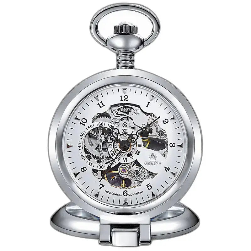 Montre de Poche Exquise Mécanique Homme Or avec cadran squelette en ton argent