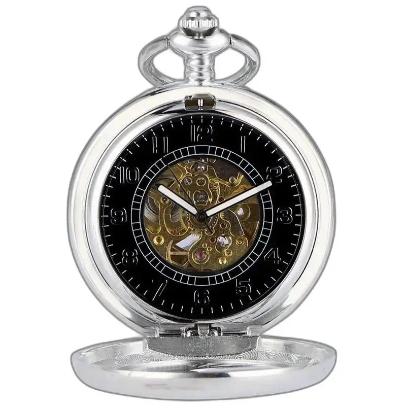 Montre de Poche Luxe Argent Noir avec engrenages visibles pour une élégance intemporelle