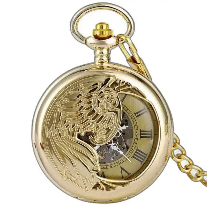 Montre de Poche Luxe Argent Noir avec design de phénix en doré