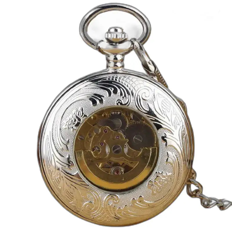 Montre de Poche Luxe Argent Noir avec mécanisme visible en verre minéral