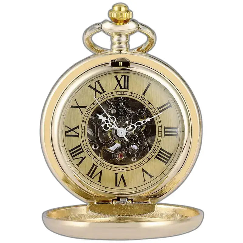 Montre de Poche Luxe Argent Noir avec verre minéral et mécanisme doré visible
