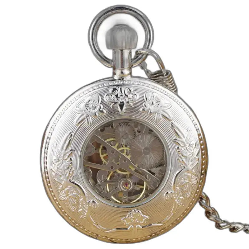 Montre de Poche Luxe Argent Noir Verre Minéral avec cadran argent et or