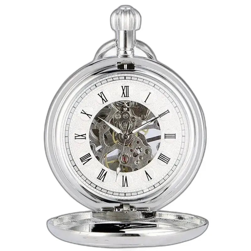 Montre de Poche Luxe Argent Noir Verre Minéral avec un boîtier en argent