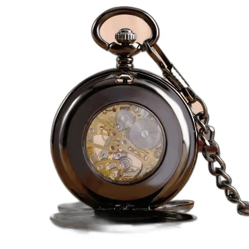 Montre de Poche Luxe Double Clapet Noir avec chiffres romains et mécanisme visible