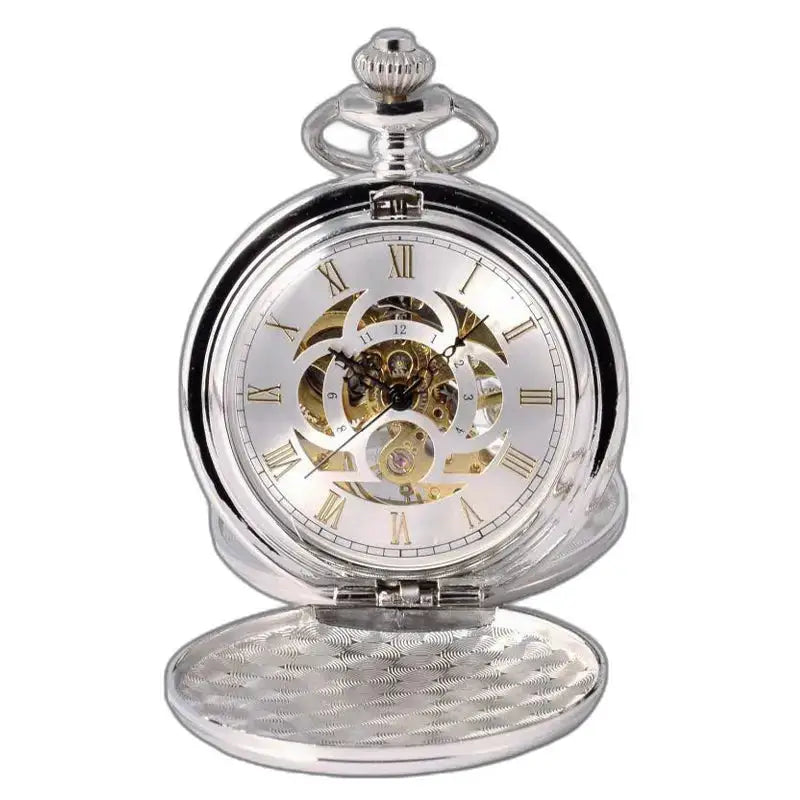 Montre de Poche Mécanique Double Clapet Argent avec mouvement mécanique et gears visibles