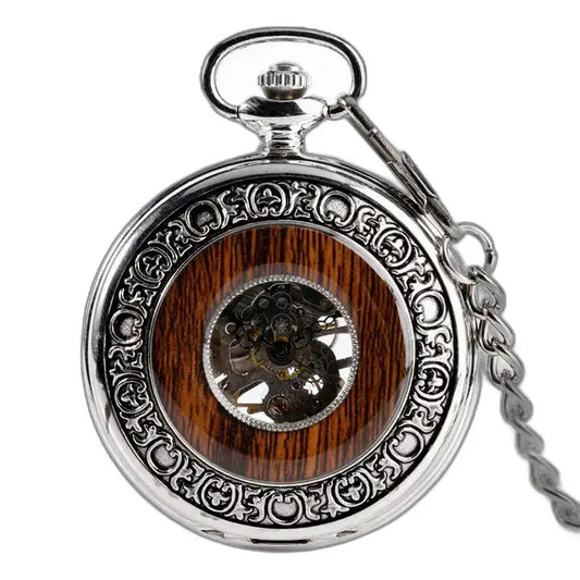 Montre de Poche Mécanique Wood Prestige Luxe Homme avec face en bois et boîtier argenté
