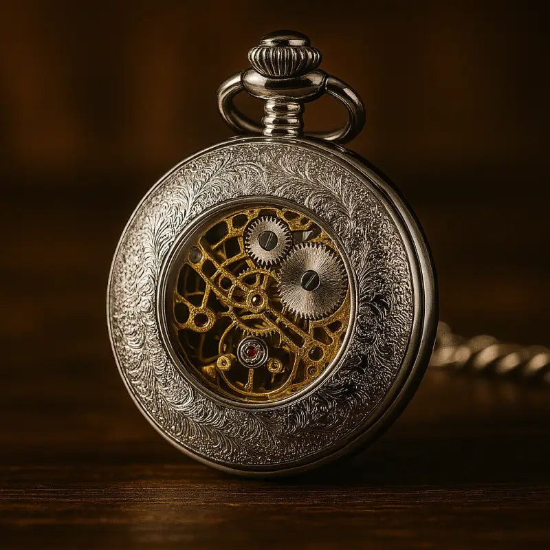 Montre Gousset Argent Luxe Coffret Cadeau avec un élégant cadran squelettique en argent