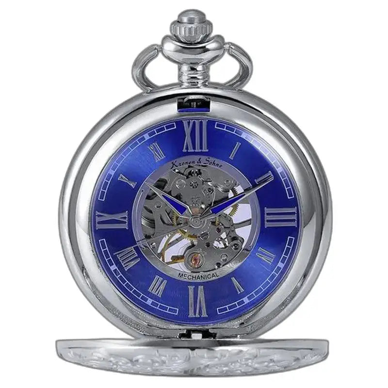 Montre Gousset Bleu Luxe Mouvement Mécanique avec cadran bleu et boîtier argenté