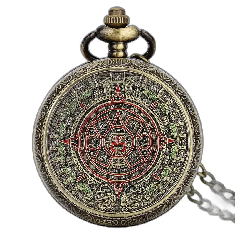 Montre Gousset Collier Bronze Vintage Mandala avec design du calendrier aztèque