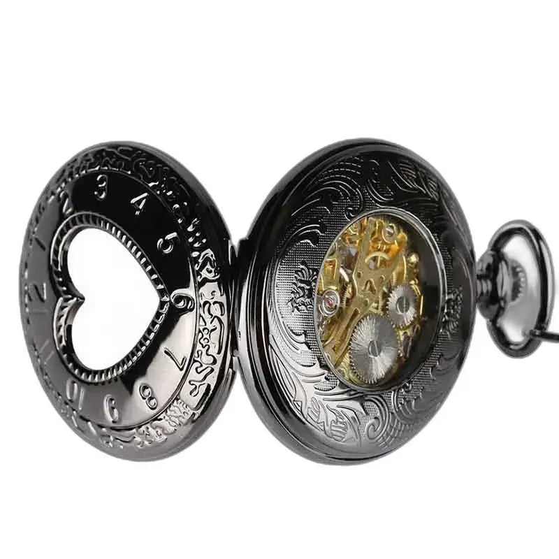 Montre Gousset Femme avec Mécanisme Manuel, montre gousset noire ouverte montrant des rouages