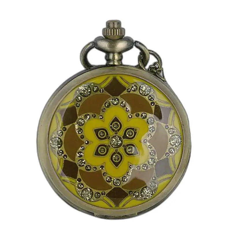 Montre Gousset Femme Coccinelle Jaune Orange Diamants avec motifs en jaune et marron