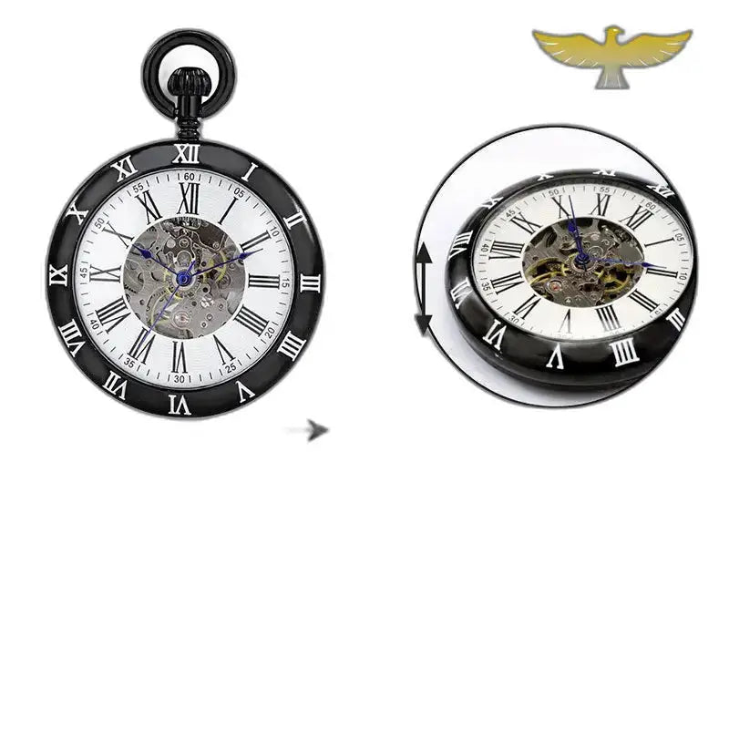 Montre Gousset Mécanique Classique Ouverte Noir avec un mécanisme visible et boîtier noir