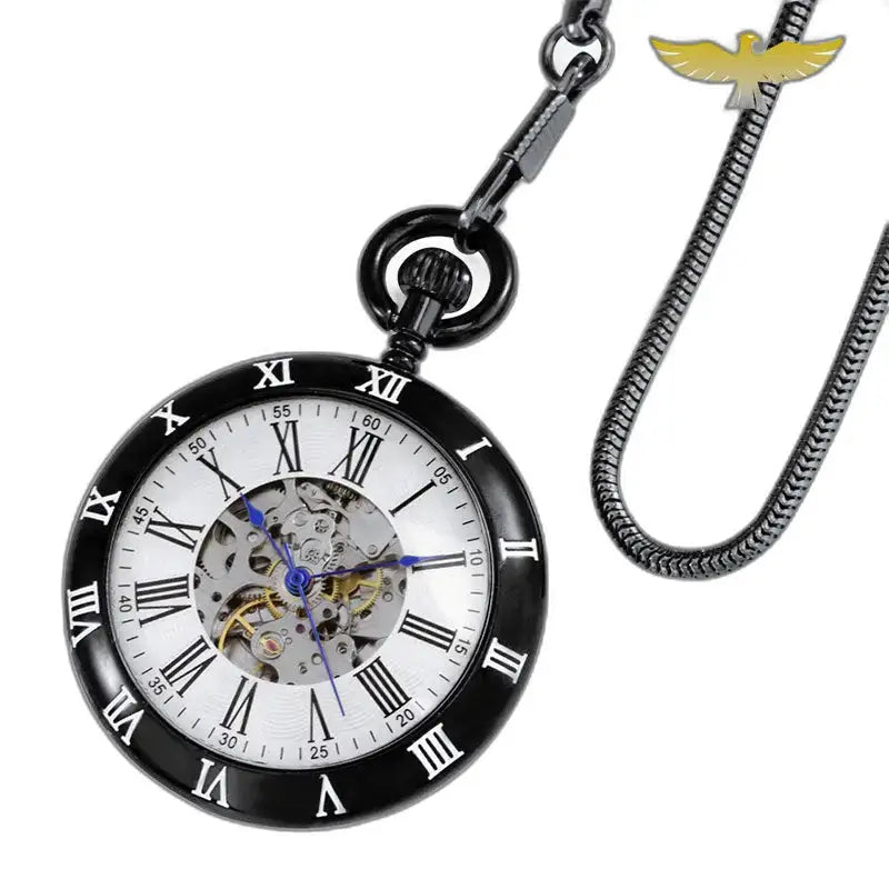 Montre Gousset Mécanique Classique Ouverte Noir avec chiffres romains et boîtier noir