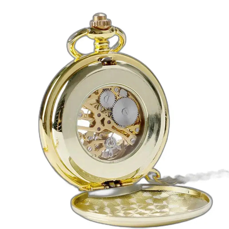Montre Gousset Mécanique Luxe Noir Or avec chaîne dorée et design élégant