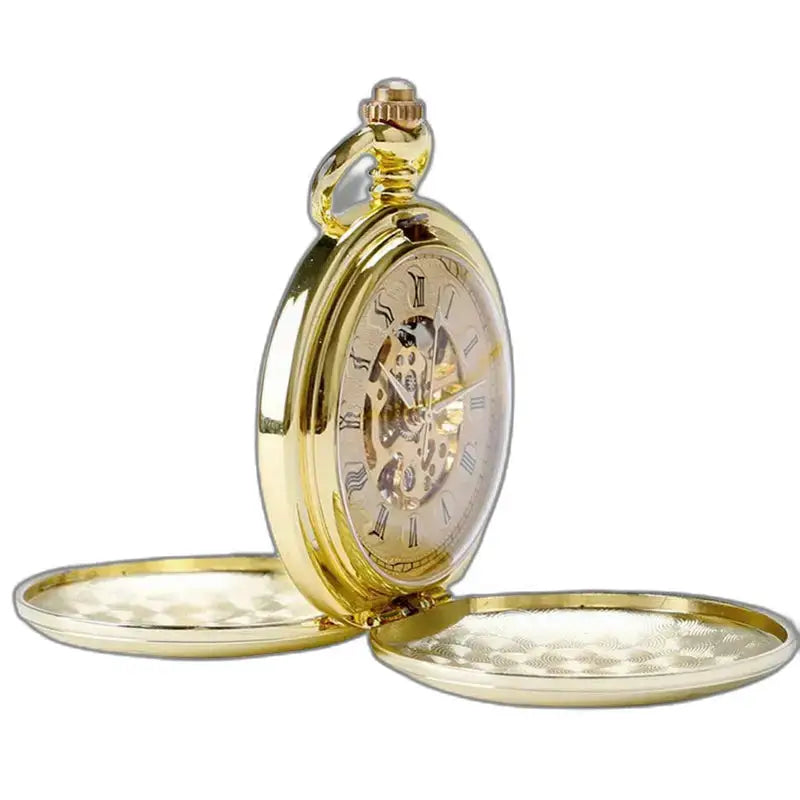 Montre Gousset Mécanique Luxe Noir Or avec chaîne dorée et design élégant