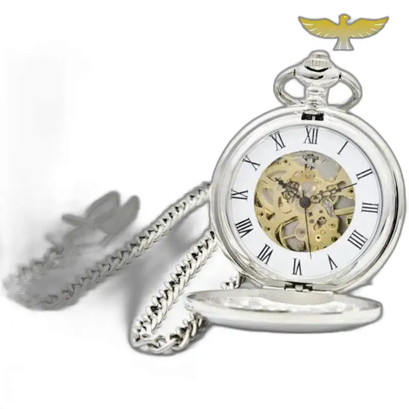 Montre Gousset Mécanique Luxe Noir Or avec chaîne dorée et design argenté élégant