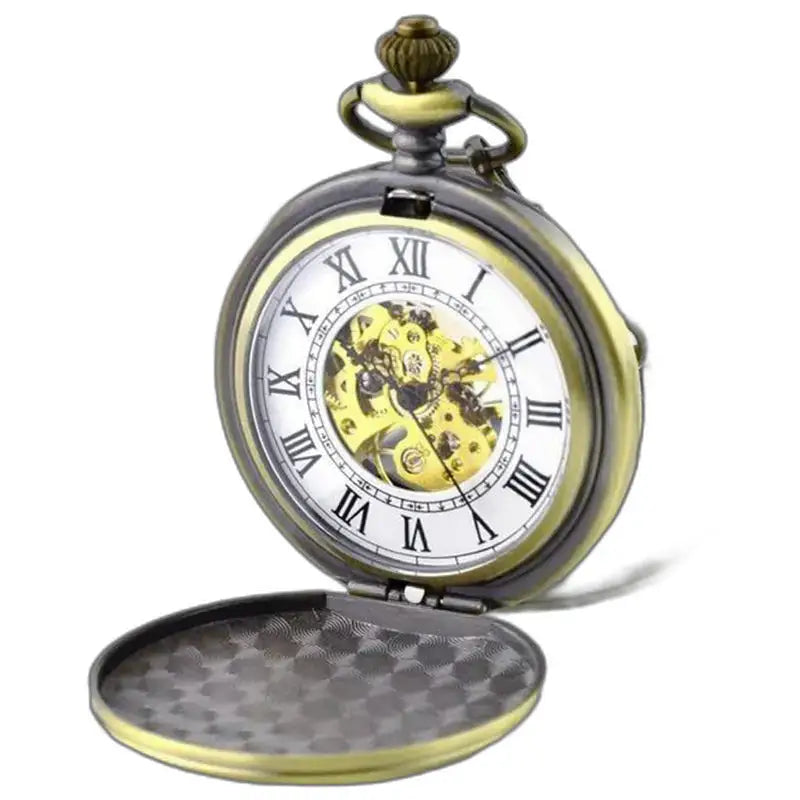 Montre Gousset Mécanique Luxe Noir Or avec chaîne dorée et mécanisme visible