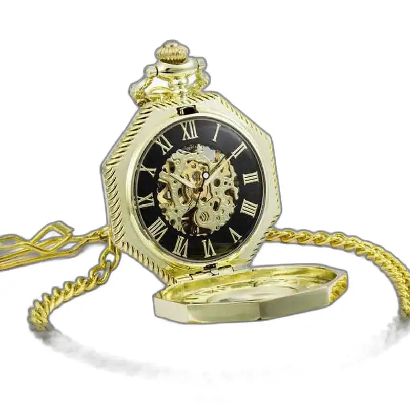 Montre Gousset Mécanique Octogonale Dorée avec chaîne en or et design élégant