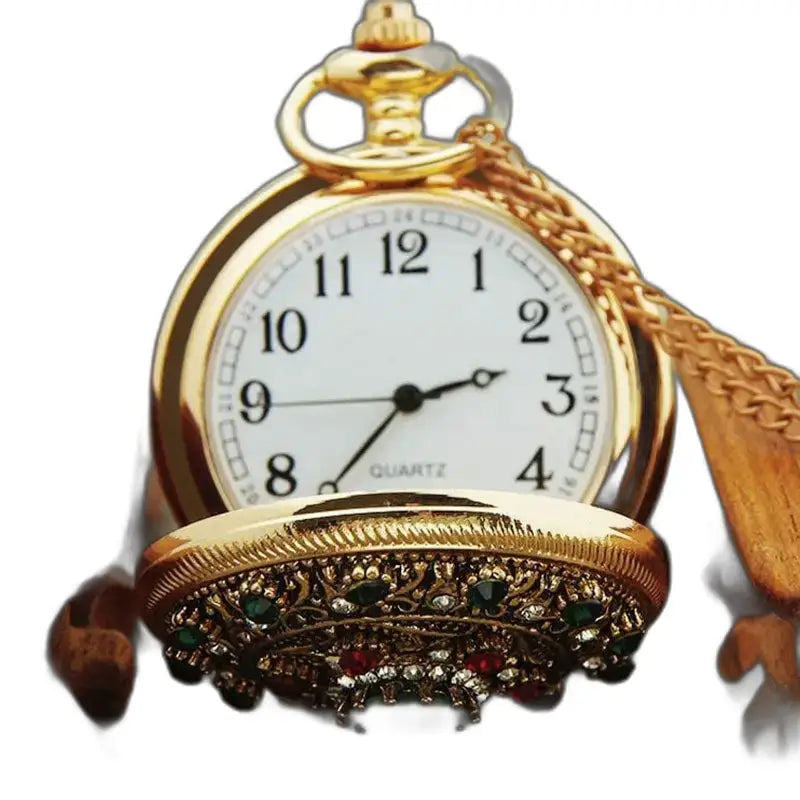 Montre Gousset Poche Collier en Or avec couronne et pierres précieuses