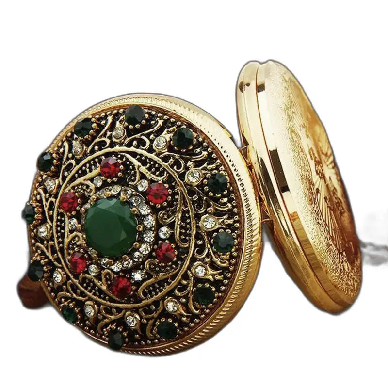 Montre gousset Poche Collier Or et Pierres avec gemmes colorées élégantes