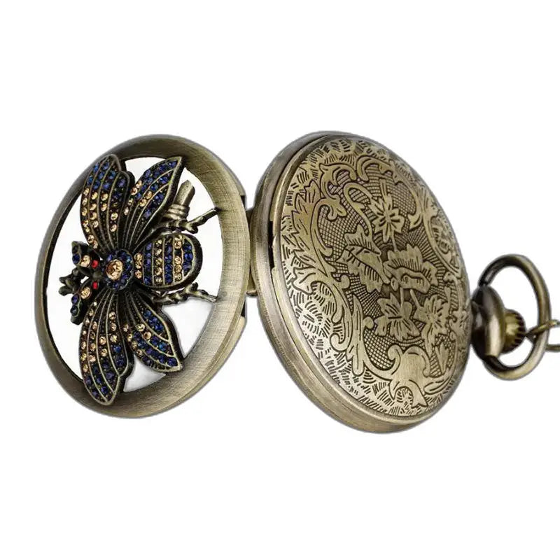 Montre Gousset Quartz Papillon Bronze Classique avec abeille ornée en bronze