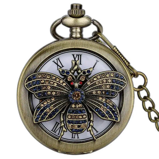 Montre Gousset Quartz Papillon avec abeille précieuse en bronze antique