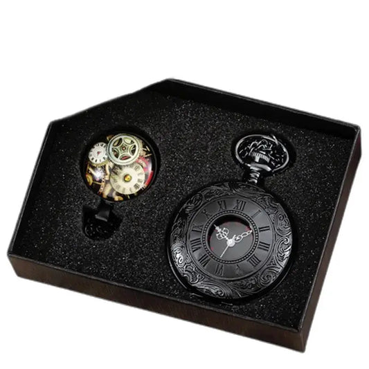Deux montres gousset rétro en boîte de présentation, modèle Couleur Or Noir