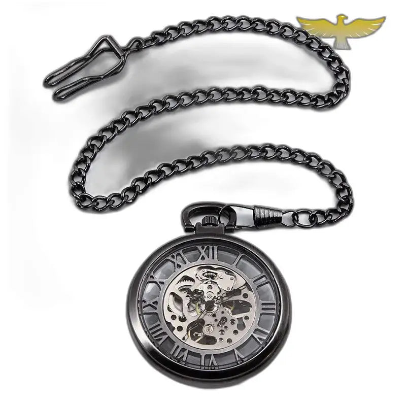 Montre Gousset Squelette Automatique Homme Femme, montre gousset avec chaîne noire