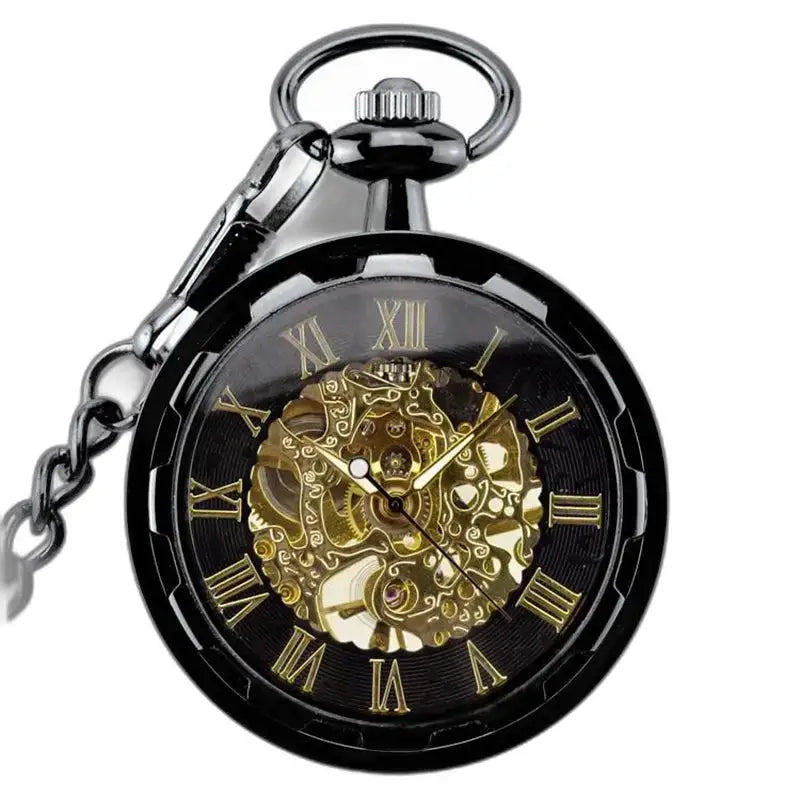 Montre Gousset Squelette Luxe Homme Femme avec un design noir et or élégant
