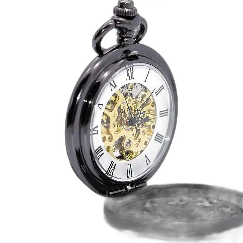 Montre Gousset Steampunk Maillechort noire avec mécanisme visible élégante et unique