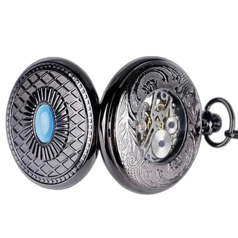 Montre Gousset Steampunk Mécanique Saphir Bleu avec engrenages visibles et pierre bleue