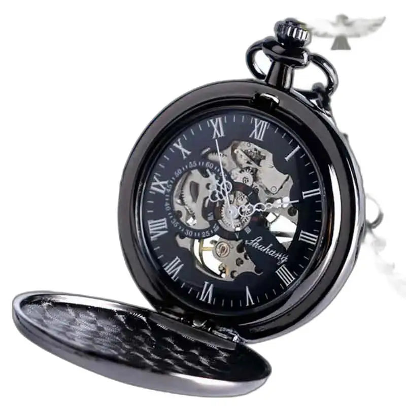 Montre Gousset Steampunk Mécanique Saphir Bleu avec un design noir élégant