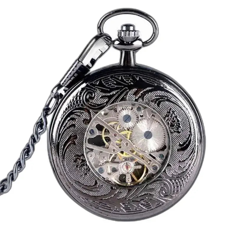 Montre Gousset Steampunk Mécanique Saphir Bleu avec engrenages visibles en noir ornée