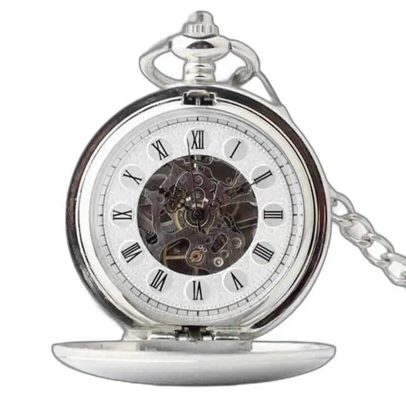 Montre gousset élégante homme blanc avec chiffres romains et mécanisme argenté