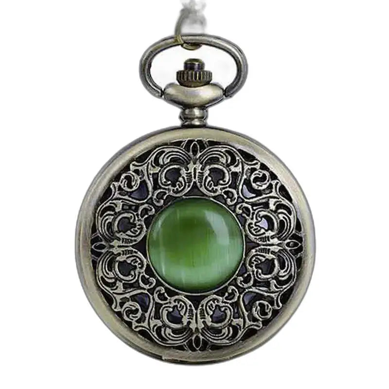 Montre Pendentif Bronze avec Pierre Verte au mouvement à quartz, design orné élégant
